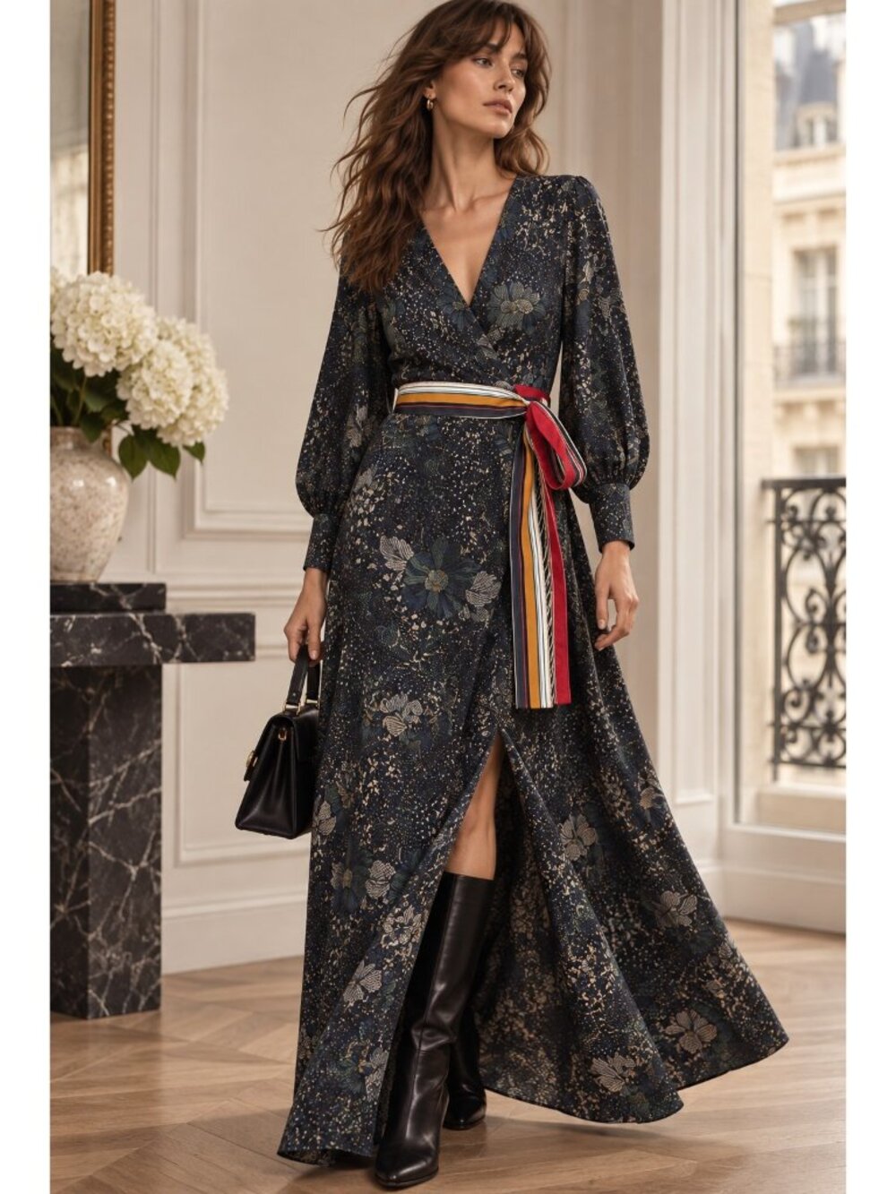 Aridza Bross Jane Wood Floral Wrap Maxi Dress T2 Made France Belted Boho